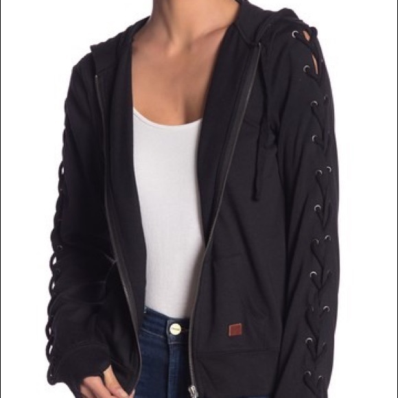 NWT Peace Love World Lace-Up Sleeve Zip Up Hoodie - Picture 3 of 5